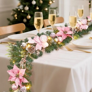 6 Ft Pre-Lit Christmas Garland, Xmas Garland with Flowers, Ball Ornaments Berry for Mantle Table Centerpiece Indoor Outdoor Home Decor - 1 of 4