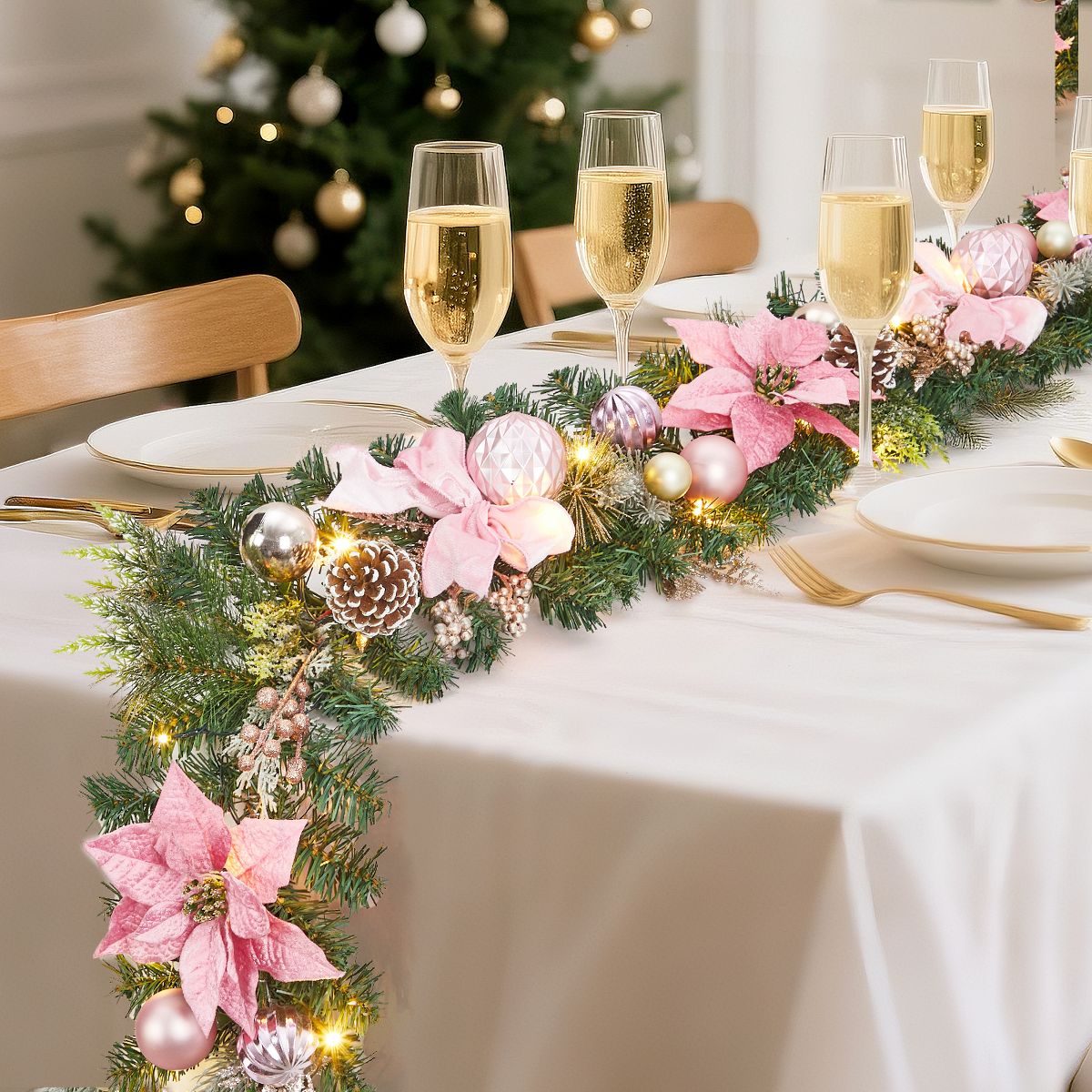6FT Christmas Garland with Lights, Battery Operated 20 LED with Flowers and Balls, for Indoor Outdoor Christmas Home Decor
