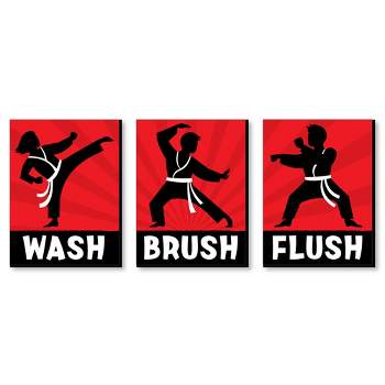 Big Dot of Happiness Karate Master - Martial Arts Kids Bathroom Rules Wall Art - 7.5 x 10 inches - Set of 3 Signs - Wash, Brush, Flush