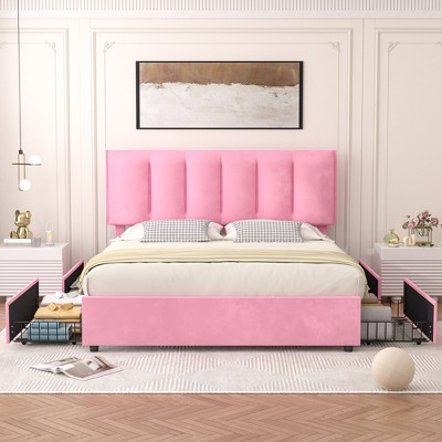 VECELO Upholstered Bed Frame with 4 Storage Drawers and Adjustable Velvet Headboard