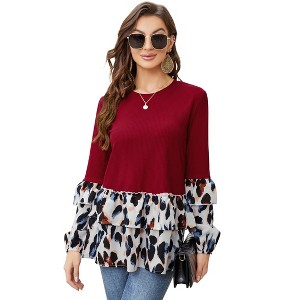 Women's  2 In 1 Shirt Leopard Patchwork Peplum Long Sleeve Tunic Tops Ruffles Casual Shirts - 1 of 4