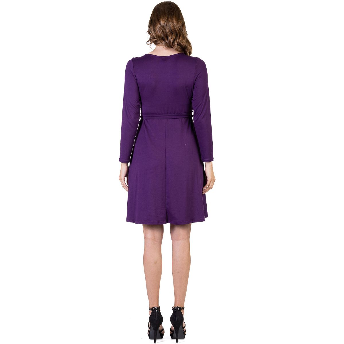 Womens Chic V-Neck Long Sleeve Knee Length A-Line Belted Wrap Dress - 24seven Comfort Apparel™ - thumbnail 7