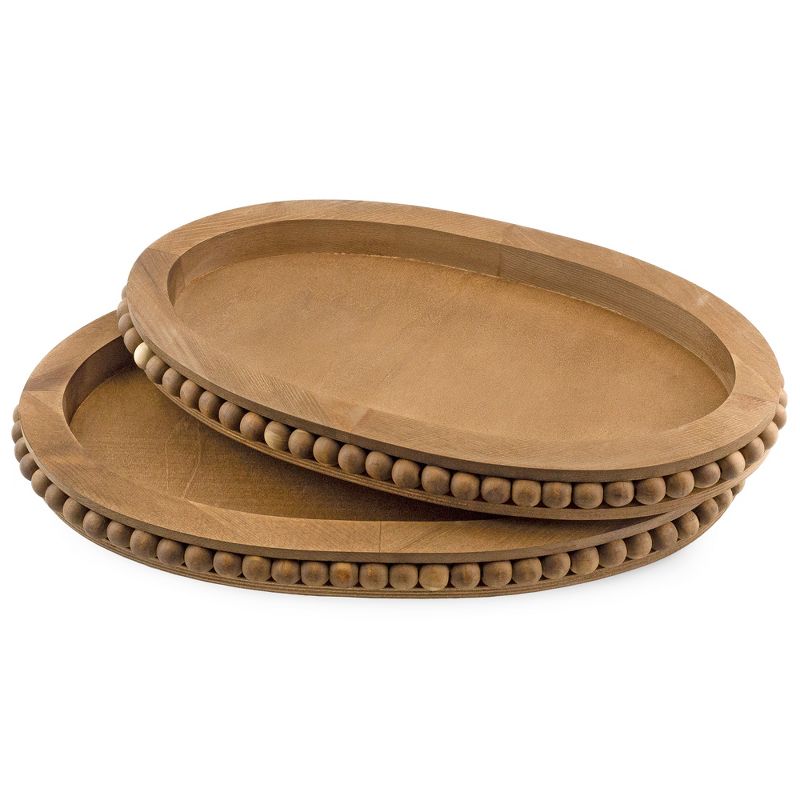 AuldHome Design Antique Brown Rustic Beaded Wood Trays, Set of 2; Farmhouse Distressed Oval Wooden Trays, 1 of 9