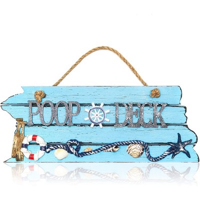 Juvale Wood Nautical Poop Deck Beach Ocean Hanging Wall Sign Home Decor Signs with Rope, Blue 12"x7.5"