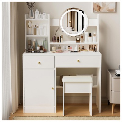 Lighted Dressing Table Set, Makeup Vanity Table with Mirror and Padded Stool, 3 Color Modes Dressing Table