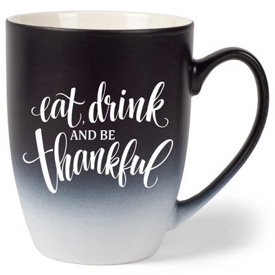Elanze Designs Eat Drink And Be Thankful Two Toned Ombre Matte Black and White 12 ounce Ceramic Stoneware Coffee Cup Mug