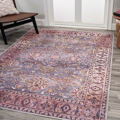 Gray and Plum Persian Floral Machine-Washable 4' x 6' Area Rug