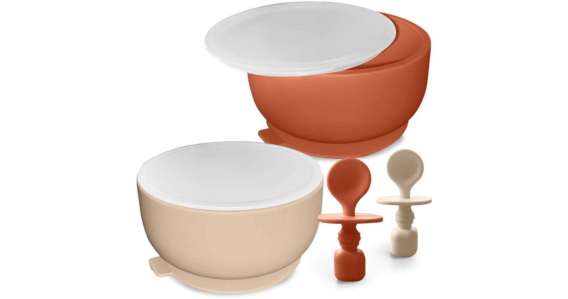 Sperric Silicone Baby Feeding Set - Infant Suction Bowls with Lids and Spoons | BPA Free Toddler Self Feeding Utensils for 0-6 Months (Beige)