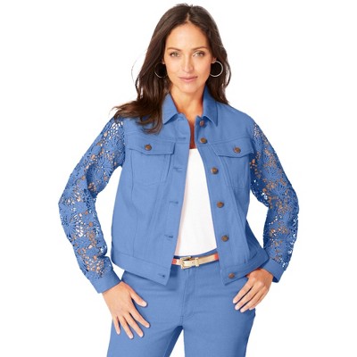 Jessica London Women's Plus Size Lace Sleeve Denim Jacket
