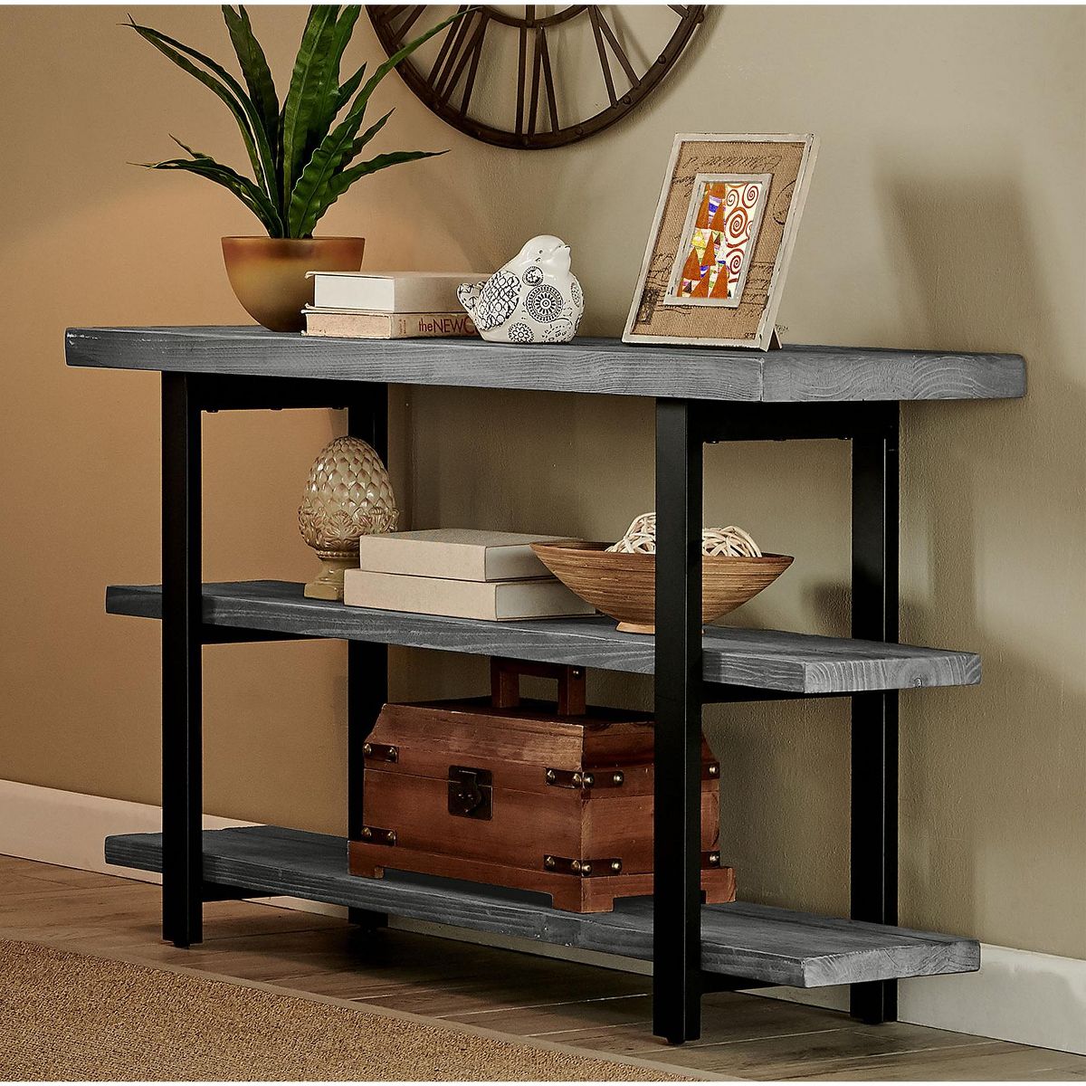 Alaterre Furniture Pomona 48 in. Industrial Metal and Wood Media/Console Table, Slate Gray Home, Living Room Furniture, Perfect for Any Room