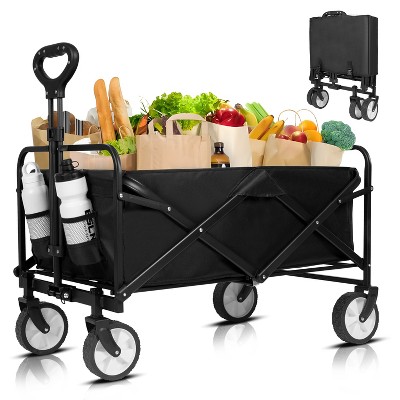 DOMETOUR Collapsible Wagon Cart with Wider Wheels & Auto-Rebound Handle - Heavy-Duty, Utility Grocery Shopping Cart for Camping, Beach & Gardening