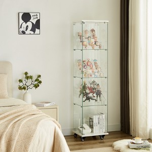 4-Tier Tempered Glass Display Cabinet with Lock & Wheels, Freestanding Storage Cabinet with Acrylic Shelves - ModernLuxe - 1 of 4