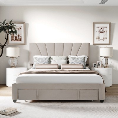 Queen Upholstered Bed Frame, Queen Platform Bed With 12 Wooden Slats ...