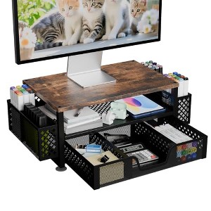 Simple Trending 2 Tier Monitor Stand Riser, Wood Computer Desk Organizer with Drawer and Pen Holder for Laptop Office, iMac, Brown - 1 of 4