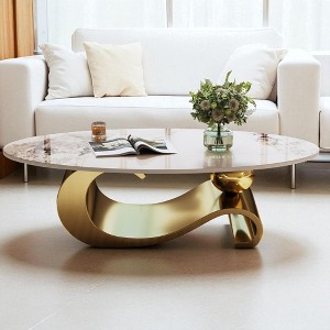 Mshliw 49.2" Oval Faux Marble Coffee Table with Stainless Steel Base, Modern Luxury Center Table for Living Room, Easy-Clean Glossy Finish - 1 of 4