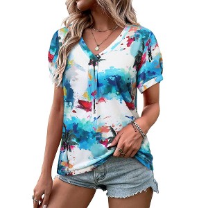 Nlife Womens Puff Short Sleeve Hawaiian Shirts Floral Tropic Printed Pleated V Neck Summer Casual T-Shirt Trendy Boho Blouses Tops - 1 of 4