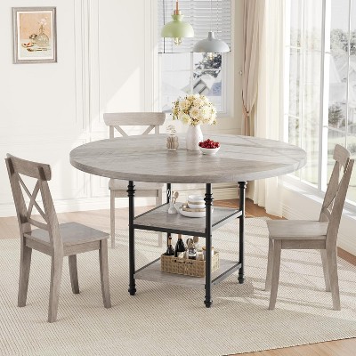 47" Round Farmhouse Dining Table for 4-6 with 2-Tier Storage Shelves & Metal Pedestal Base, Industrial Kitchen & Dining Room Circle Table