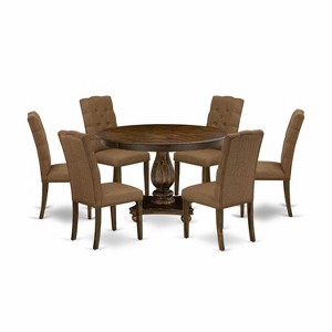 HomeStock 7-Piece Distressed Jacobean Finish Solid Wood Top Dining Table with 6 Parson Chairs - 1 of 4
