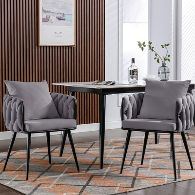 Set Of 2 Modern Velvet Handwoven Dining Chairs With Black Metal Legs ...