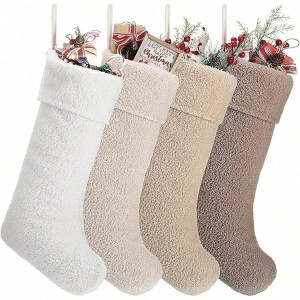 Neutral Stockings 4 Pcs 18 Inch Large Plush Beige Brown Faux Lambswool Xmas Hanging Decor Holiday Party Family Fireplace - 1 of 4