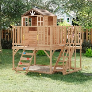 Kids Outdoor Playhouse with Climbing Wall,2 Story Wooden Playhouse with Sandbox - 1 of 4