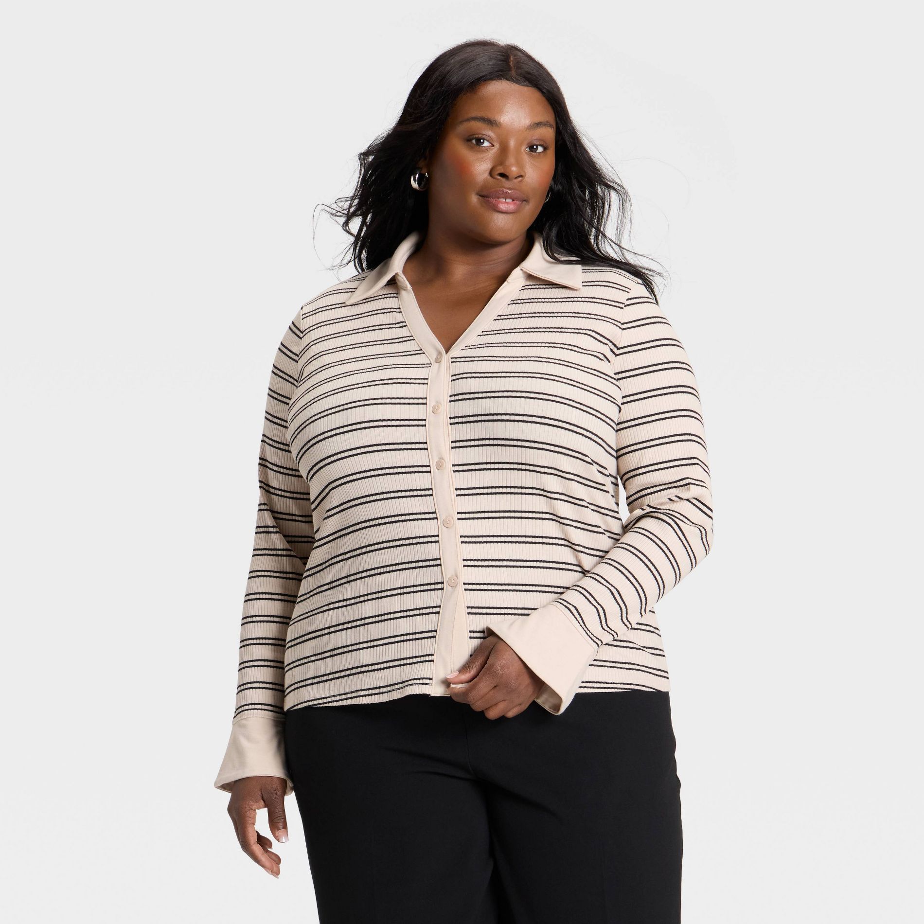 Women's Long Sleeve Collared Rib-Knit Button-Down Shirt - Ava & Viv™
