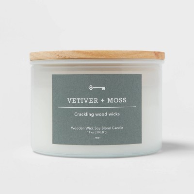 14oz 3-Wick Milky White Glass Woodwick Candle with Wood Lid and Stamped Logo Vetiver and Moss - Threshold™