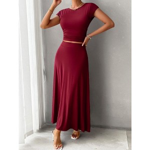 Women Two Piece Skirt Set Casual Crew Neck Short Sleeve Cropped Top Elastic Waist Swing Midi Skirts - 1 of 4