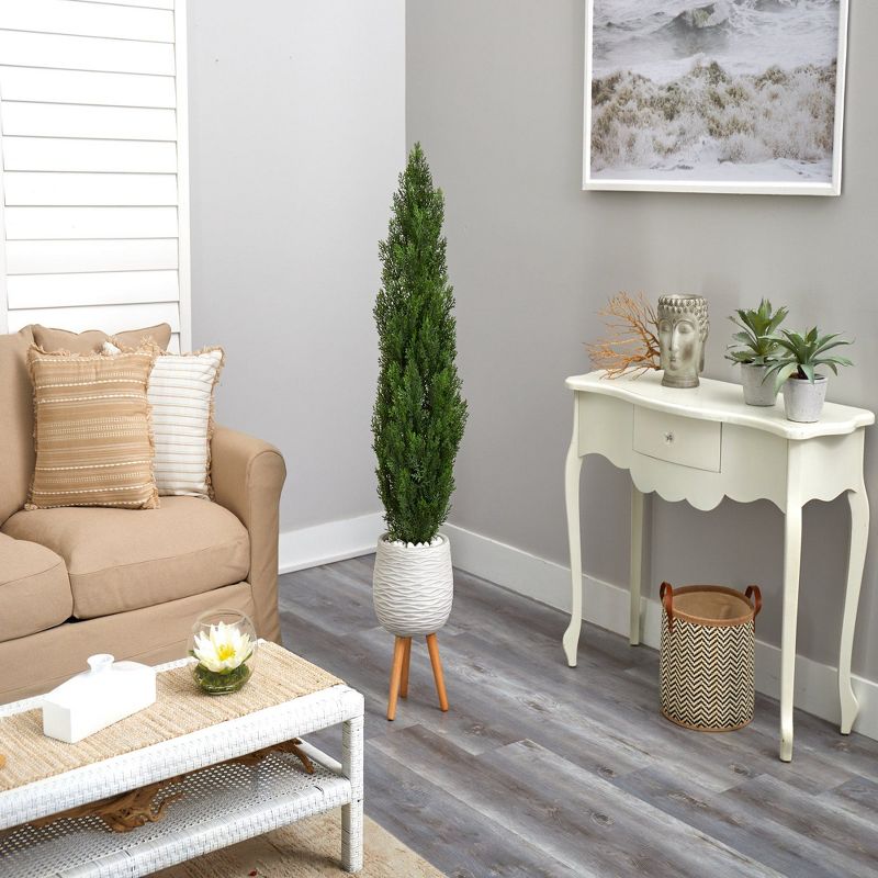 Nearly Natural 5-ft Cedar Artificial Tree in White Planter with Stand (Indoor/Outdoor), 3 of 5