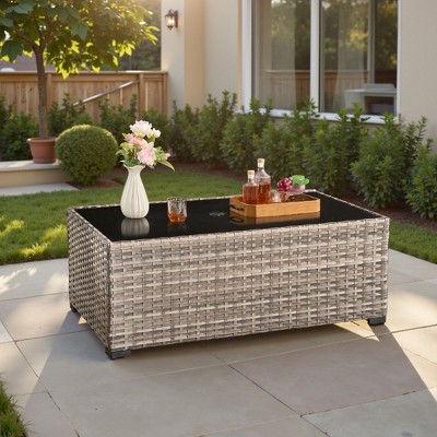 XIZZI Outdoor Coffee Table with Umbrella Base Insert, All-Weather Wicker Patio Table with Center Umbrella Hole, Rectangular Umbrella Table, Gray 2