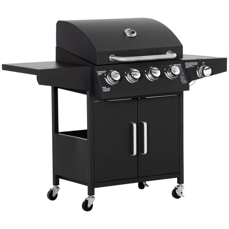 Outsunny 4+1 Burner Liquid Propane Gas Grill Outdoor Cabinet Style BBQ Trolley w/ Side Burner, Warming Rack, Side Shelf, Storage Cabinet, Thermometer, 4 Wheels, Carbon Steel, 4 of 7