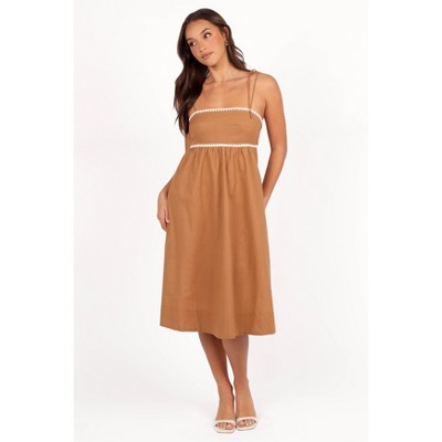 Petal and Pup Lino Contrast Trim Midi Dress - Tan White