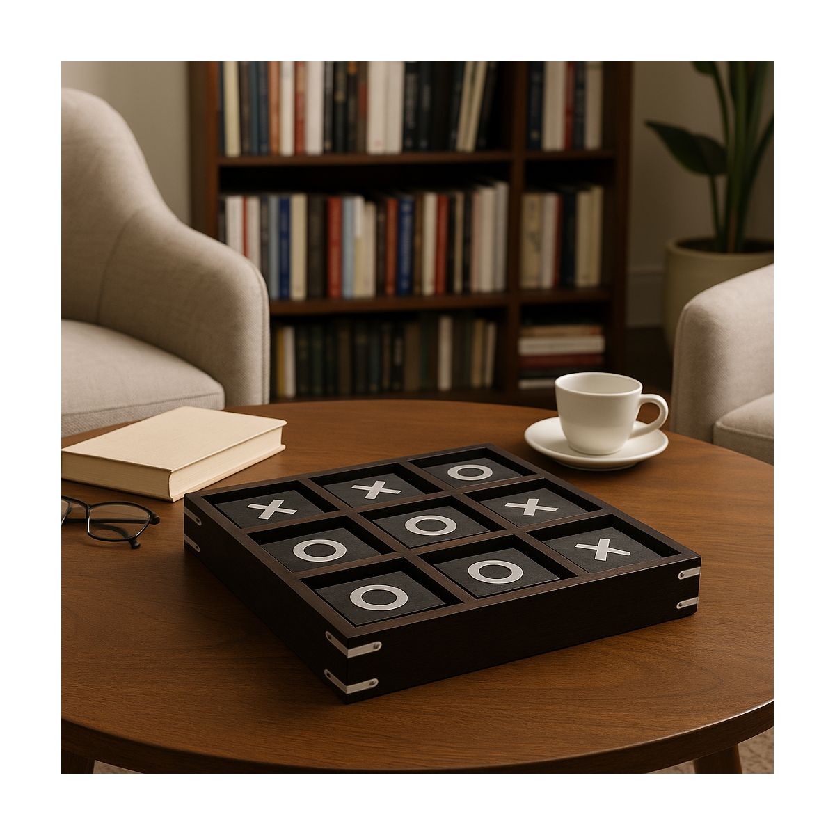 Revolving Wooden Tic Tac Toe Decorative Game - Stylish and Fun Coffee Table Game for Office, Room, and Home Decor Accent - thumbnail 2
