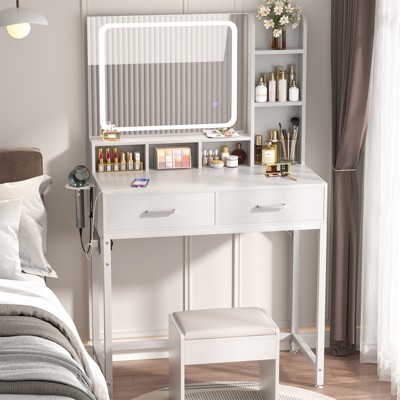Aheaplus Makeup Vanity Desk with LED Light Mirror, Dressing Table with Charging Station and Drawers