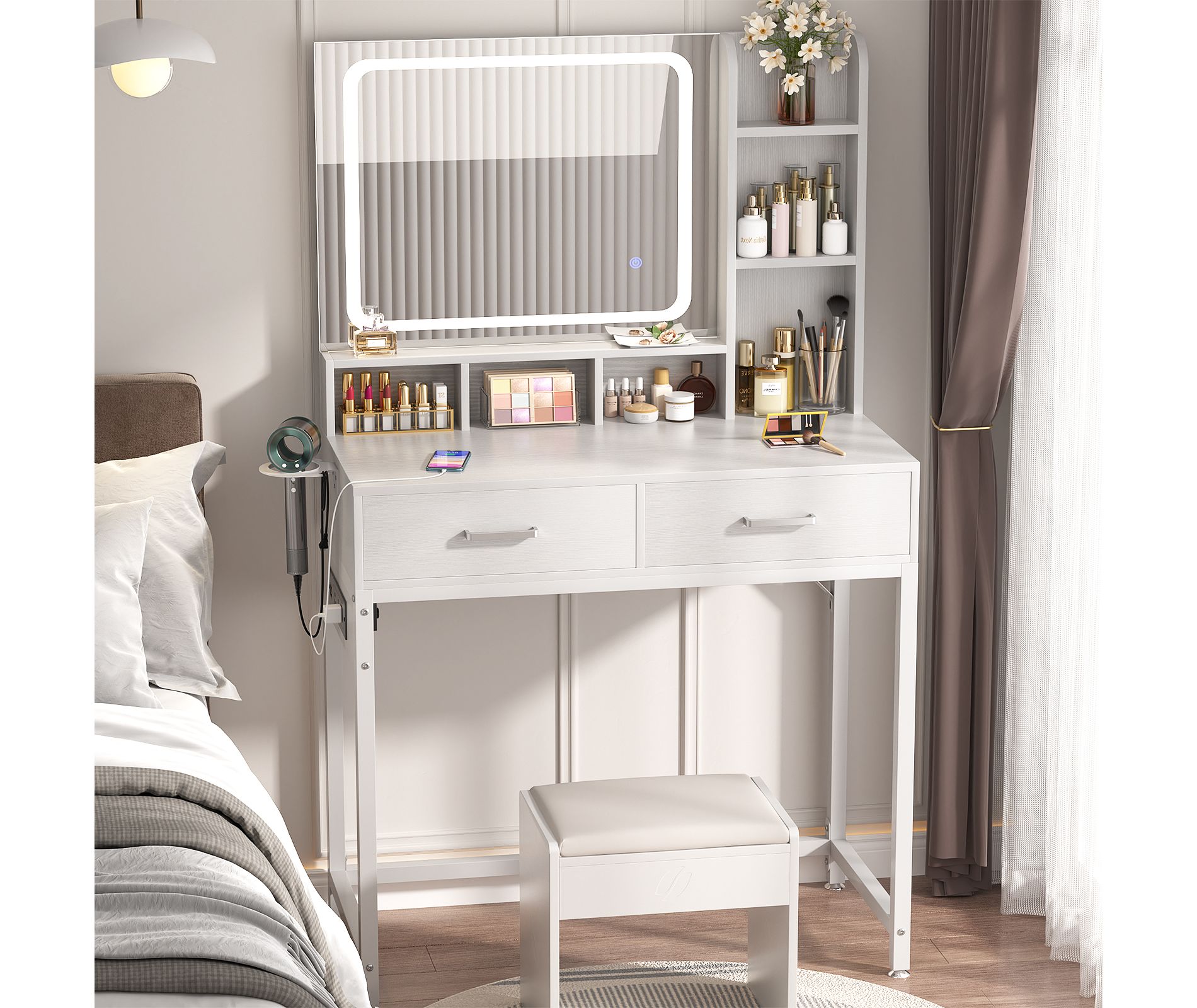 Aheaplus Makeup Vanity Desk with LED Light Mirror, Dressing Table with Charging Station and Drawers White