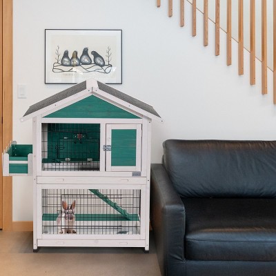 LAOTIES Indoor 2-Story Wooden Rabbit Hutch,Bunny Cage With Pull-Out Trays,Waterproof Roof,Non-Slip Ramp And Multiple Doors