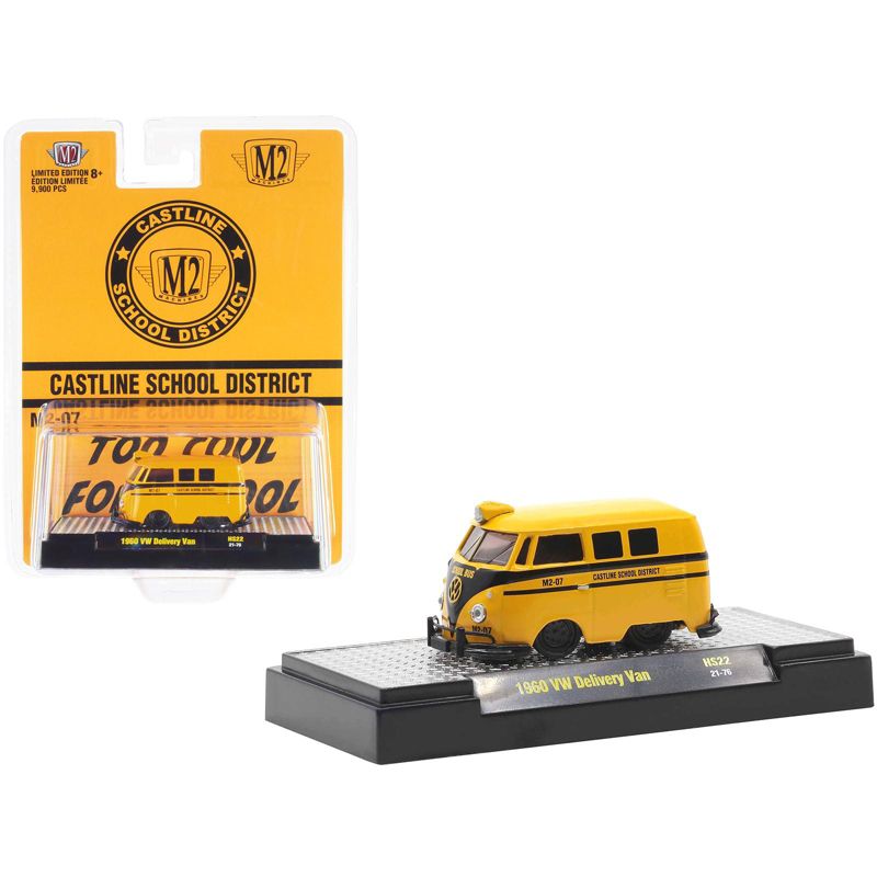 1960 Volkswagen Delivery Van School Bus Yellow w/Black Stripes "Castline District" Ltd Ed 1/64 Diecast Model Car by M2 Machines, 1 of 4