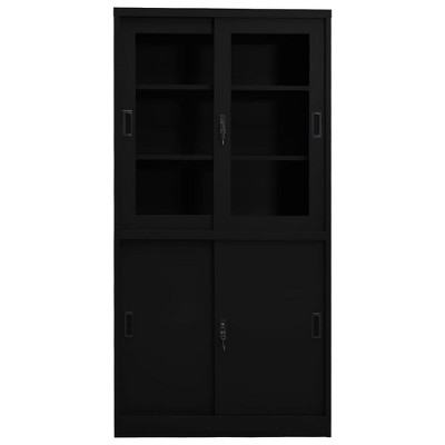 vidaXL Industrial Style Steel and Tempered Glass Office Cabinet with Sliding Doors-Black, 35.4"x15.7"x70.9"- Secure and Organized Storage Solution