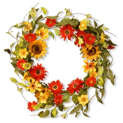 Floral Wreath Sunflowers and Mixed Flowers - Orange/Yellow (20")