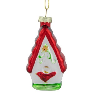 Northlight Birdhouse with Cardinal Glass Christmas Ornament - 3.25" - Red and White - 1 of 4