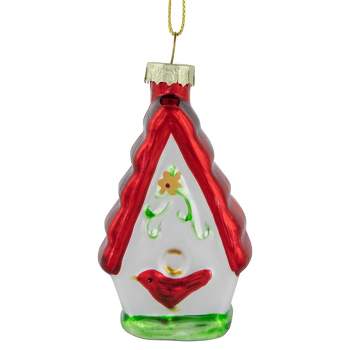 Northlight 3.25" Red and White Birdhouse with Cardinal Glass Christmas Ornament
