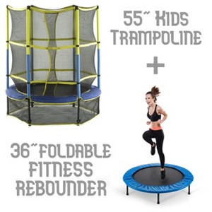 55" Mini Kids Trampoline + Round Foldable Fitness Rebounder with Blue Safety Pad - Family Set for Children & Adults - 1 of 4