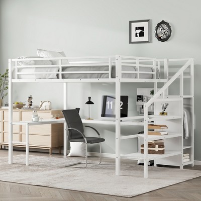 VYNXARIA Queen Size Loft Bed with L-shaped Desk, Metal Loft Bed with Wardrobe and Adjustable Shelf for Kids Teens Adults, White