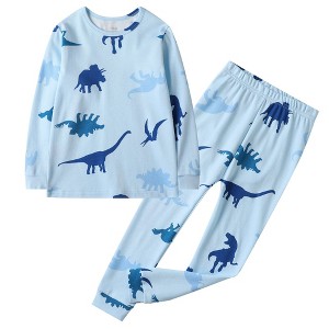 Owlivia Organic Cotton Baby Long Sleeve Pajama Sets, Toddler 2Pc Sleepwear- Blue Dinosaur - 1 of 4