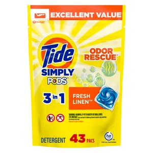 Tide Simply PODS Odor Rescue Liquid Laundry Detergent Pacs, 3 in 1 Powerful Detergent, Odor Fighters, Fresh Linen, 43 count - 1 of 4