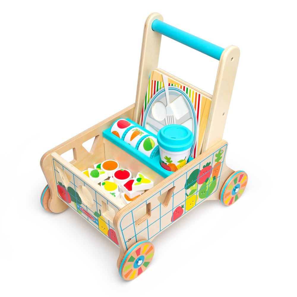 Melissa & Doug Wooden Shape Sorting Grocery Cart Push Toy and Puzzles