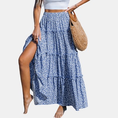 Women's Blue Bouquet Ruffled Maxi Skirt - Cupshe