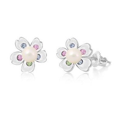 Chanteur Hypoallergenic Kids Jewelry Accessories Flower White Pearl CZ White Gold Palladium Plating Stud Earrings Surgical Titanium Posts