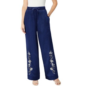 Roaman's Women's Plus Size Embroidered Pull-On Wide-Leg Chambray Pant - 1 of 4