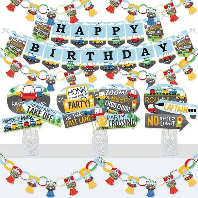 Big Dot of Happiness Cars, Trains, and Airplanes - Banner and Photo Booth Decorations - Transportation Birthday Party Supplies Kit - Doterrific Bundle